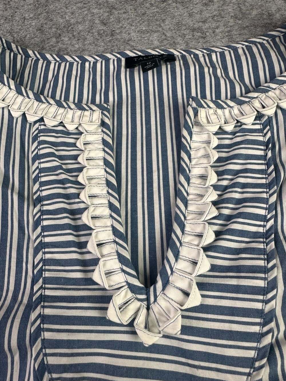 Talbots Blue and White Striped Ruffle Neck Sleeveless Blouse Size 12